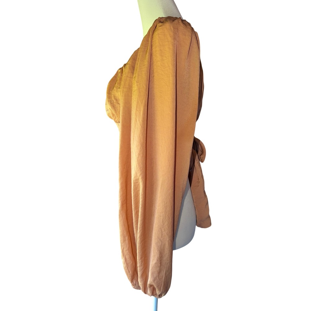 Forever 21 Ruched Wrap Tie Back Crop Top Sz M Terracotta Copper Balloon Sleeve - Picture 2 of 6